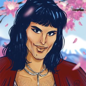 Freddie mercury tra gli alberi di ciliegio in fiore durante il japan tour; Freddie mercury among the cherry blossom trees during the Japan tour.